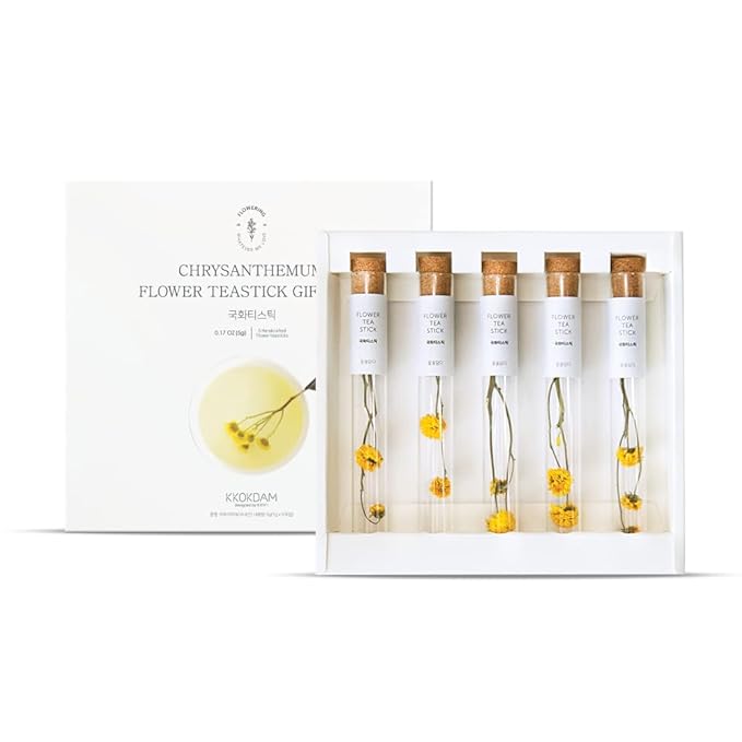 KKOKDAM Tea Gift Set - Chrysanthemum Blooming Tea Flowers - Fancy Korean Gifts For Teas Lovers - 5 Premium Flower Sticks - Bloomnest