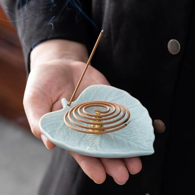 2-Style Ceramic Incense Burner, Bodhi&Ginkgo Leaf Design, Ceramic Incense Holder for Sticks with Ash Catcher&Built-in Stand, Zen Meaning Decor for Home, Office&Yoga/Sage/Cone(Brown and White) - Bloomnest