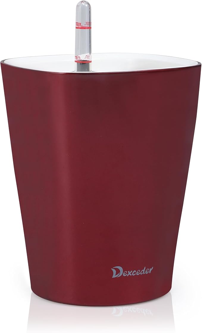 Dexceder 6x7 Self Watering Planter Indoor Outdoor, High Gloss Table Flower Plant Pot with Water Level Indicator (Wine Red) - Bloomnest