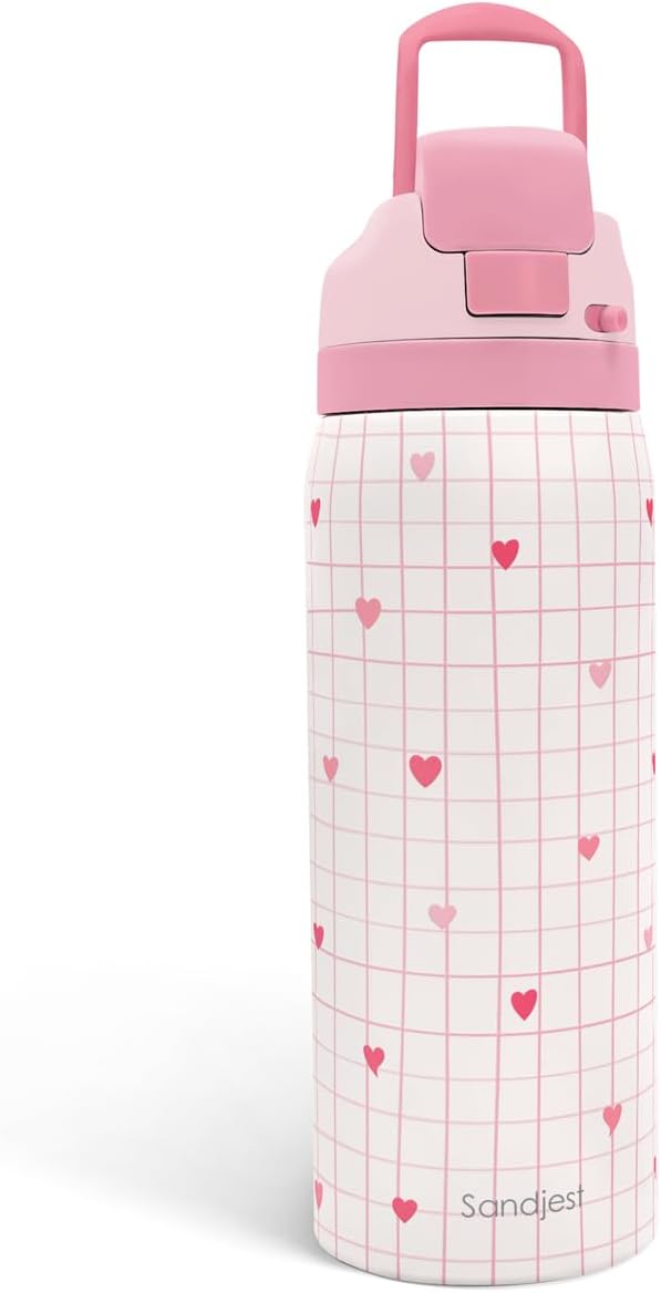 Heart Insulated Stainless Steel Water Bottle with Straw for Sports and Travel, 32oz, Gifts for Women Girls Friends Teens Birthday Christmas (Grid Background) - Bloomnest