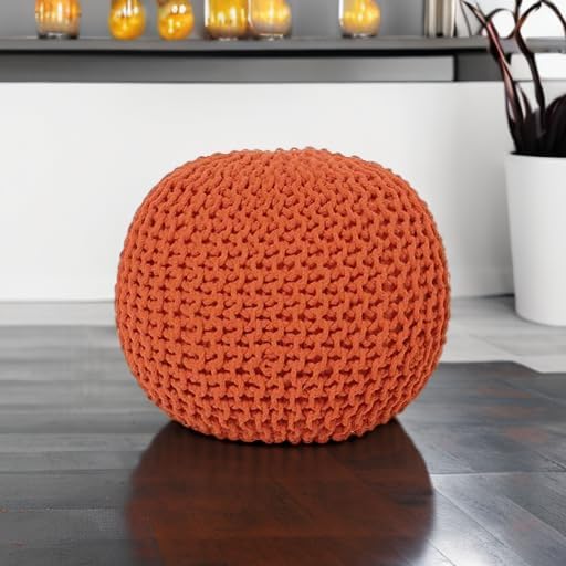 REDEARTH Round Pouf Ottoman - Hand Knitted Cable Boho Poof - Pouffe Circular Footrest for Living Room - Bedroom - Patio - 100% Cotton (19.5"x19.5"x14") - Burnt Orange - Bloomnest