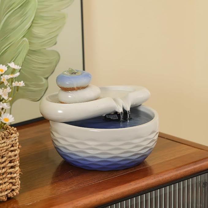 Ceramic Tabletop Desktop Fountain Water Feature Indoor Home Office Kitchen Decoration (White) - Bloomnest