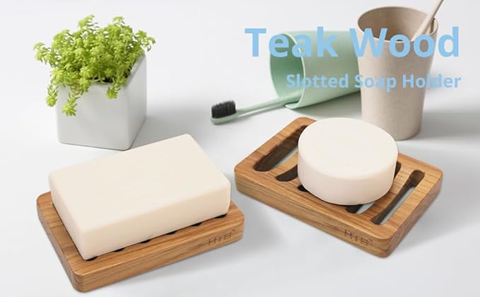 Slotted Soap Dish 2 Pack Teak Wood by HTB, Kitchen Wooden Sponge Holder, Self Draining Soap Dish for Shower, Sink, Bathroom, Bathtub, RV - Bloomnest