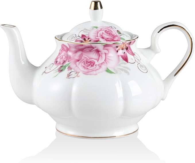 Sweejar Ceramic Teapot with Infuser, Floral Relief Gold Rimmed Teapot, 29 OZ Porcelain Tea Pot for Blooming and Loose Tea, Coffee...(Flower) - Bloomnest