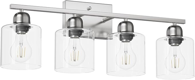 Modern Brushed Nickel 4 Light Bathroom Light Fixtures, 24 inch Vanity Lights for Bathroom with Clear Glass for Mirror Kitchen Living Room Hallway Cabinet Porch - Bloomnest