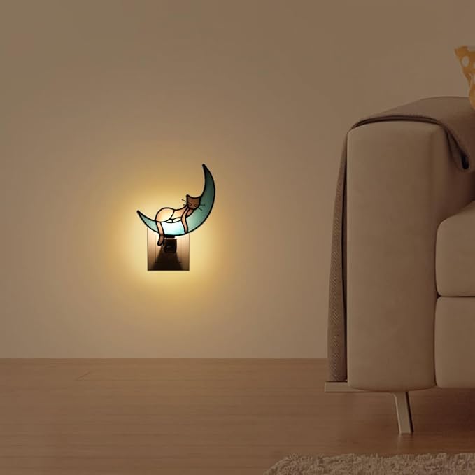 BOXCASA Cat on Moon Decor Stained Glass Night Lights Plug Into Wall Decorative,Night Light Plug in Decor for Children's Room Kitchen Toilet Bathroom,Cats Themed Gifts for Women Cat Lover - Bloomnest