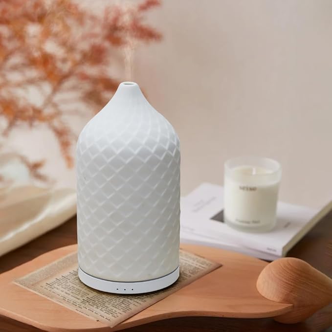 Essential Oil Diffuser for Home, Ceramic Aromatherapy Diffuser for Essential Oils, 120ml Oil Diffuser with Waterless Auto-Off and 7 LED Lights for Large Room Yoga Spa (White) - Bloomnest