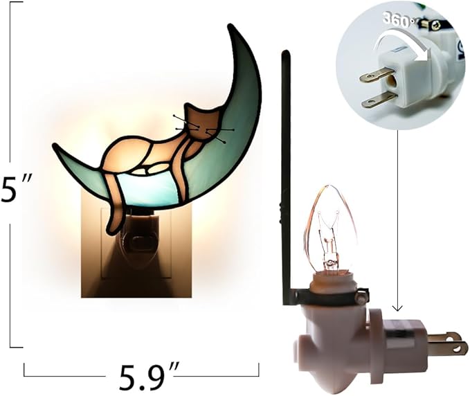 BOXCASA Cat on Moon Decor Stained Glass Night Lights Plug Into Wall Decorative,Night Light Plug in Decor for Children's Room Kitchen Toilet Bathroom,Cats Themed Gifts for Women Cat Lover - Bloomnest