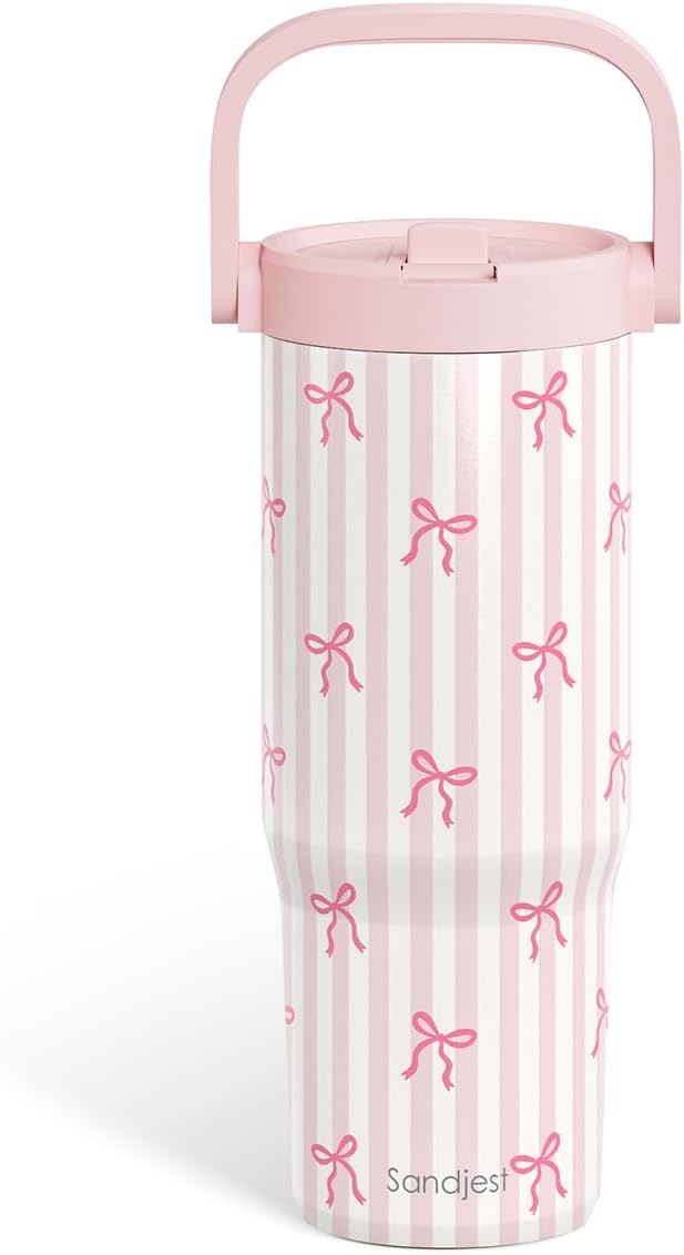 SANDJEST Bow Stainless Steel Straw Lid Tumbler 30oz with Carry Handle for Women Girls, Aesthetic Insulated Travel Coffee Cup, Gift for Sports Workout Christmas Birthday - Bloomnest