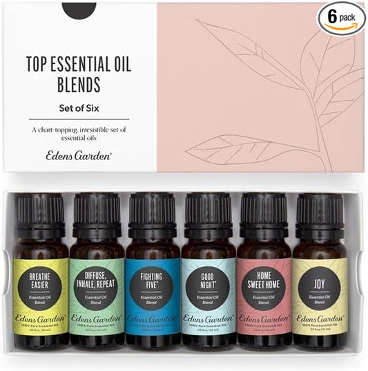 Edens Garden Top Essential Oil Blends 6 Set – 100% Pure Therapeutic Grade, Undiluted Natural Aromatherapy Oils for Diffusers & Home – Includes Fighting Five, Good Night & Joy, 10 ml/ 6 Pack - Bloomnest