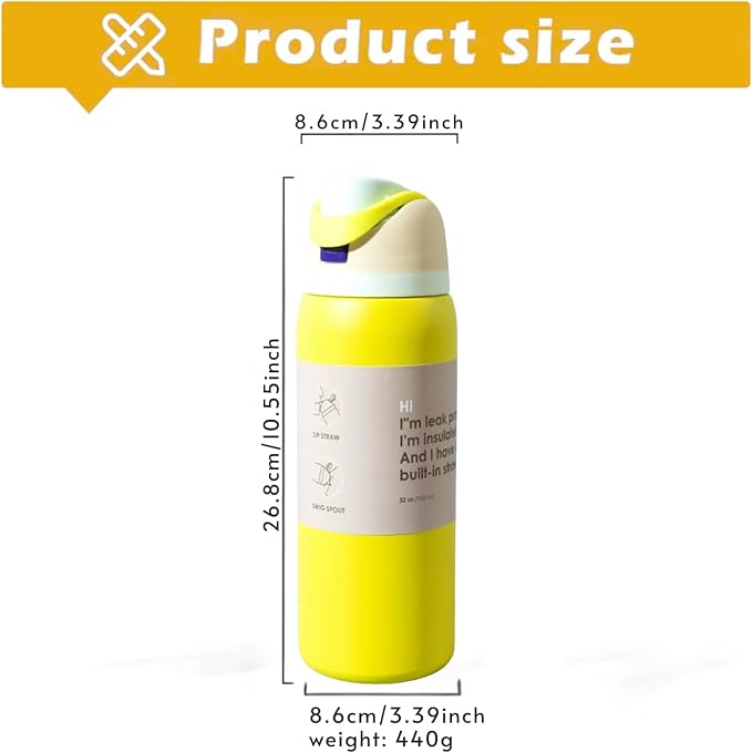DUTHINGS Insulated Stainless Steel Water Bottle with Straw, 32 oz, Reusable Sports and Travel Bottle for School, Kids, and Outdoors - Leakproof and BPA-Free (YELLOW) Bloomnest