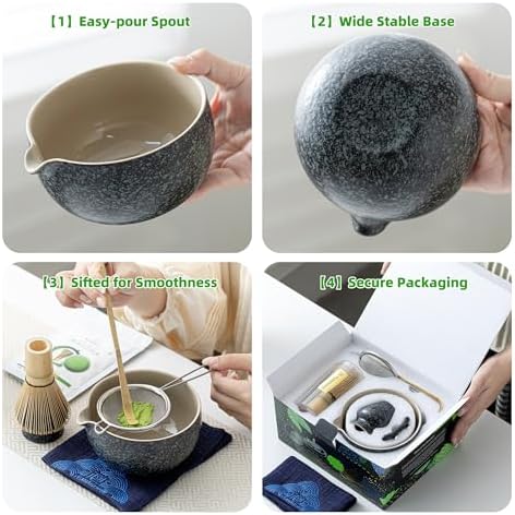 TEANAGOO Matcha Whisk Set Black,7 Pcs Matcha Set,Matcha Kit for Ceremony,Tradition Tea Set for Making Breakfast/Latte,Matcha Whisk Set with Bowl(Chawan)/Whisk and Holder,Gift for Family/Friend - Bloomnest