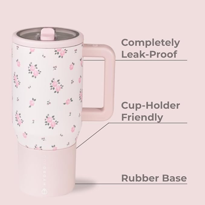 HydroJug Traveler - 20 oz Water Bottle with Handle & Flip Straw - Fits in Cup Holder, Leak Resistant Tumbler-Reusable Insulated Stainless Steel & Rubber Base - Gifts for Women & Men, Wildrose - Bloomnest