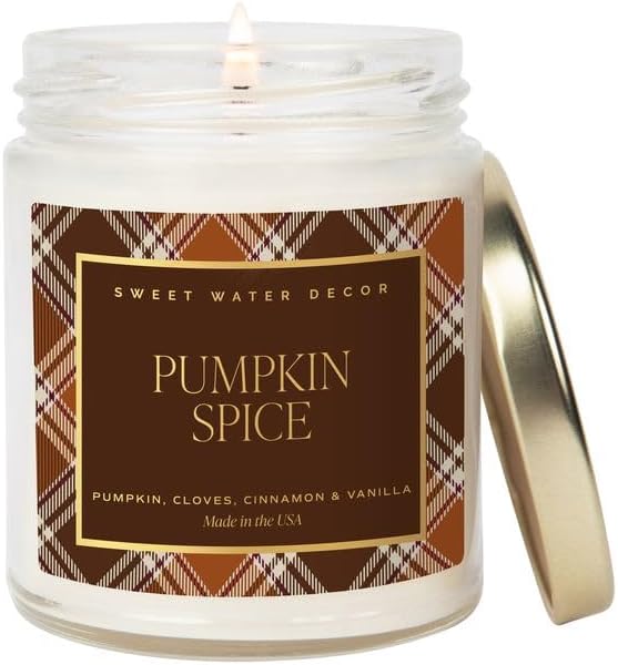 Sweet Water Decor Pumpkin Spice Candle, Autumn Scented Notes of Pumpkin, Cloves, & Buttercream, 40+ Hour Burn Time, Non-Toxic Soy Wax Blend, Poured in the USA, Cotton Wick, 9oz Glass Jar with Gold Lid - Bloomnest