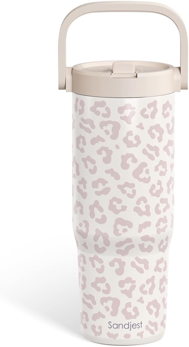 SANDJEST Leopard Skin Stainless Steel Straw Lid Tumbler 30oz with Carry Handle for Women Girls, Insulated Travel Coffee Cup, Gift for Sports Outdoor Workout Christmas Birthday (Beige) - Bloomnest
