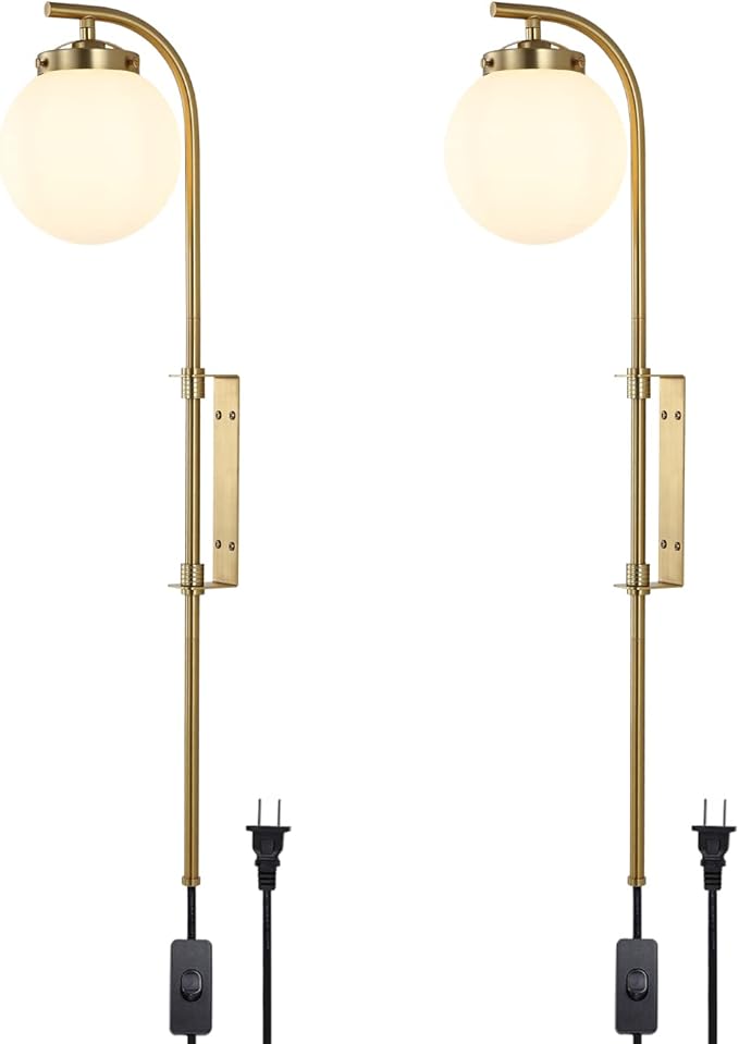 ELEHINSER Gold Wall Sconces Set of 2 with Globe Shade, Modern Indoor Plug in Wall Lamps with Switch, Angle Adjustable Light for Bedroom Living Room Study Hallway Bedside - Bloomnest