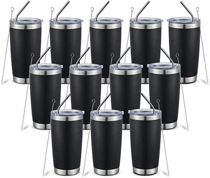 20oz insulted tumblers stainless steel cup Tumbler Bulk with push Lid, and metal straw powder coated coffee cup for cold and hot drinking (12, black) - Bloomnest