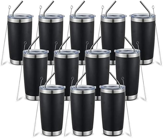 20oz insulted tumblers stainless steel cup Tumbler Bulk with push Lid, and metal straw powder coated coffee cup for cold and hot drinking (12, black) - Bloomnest