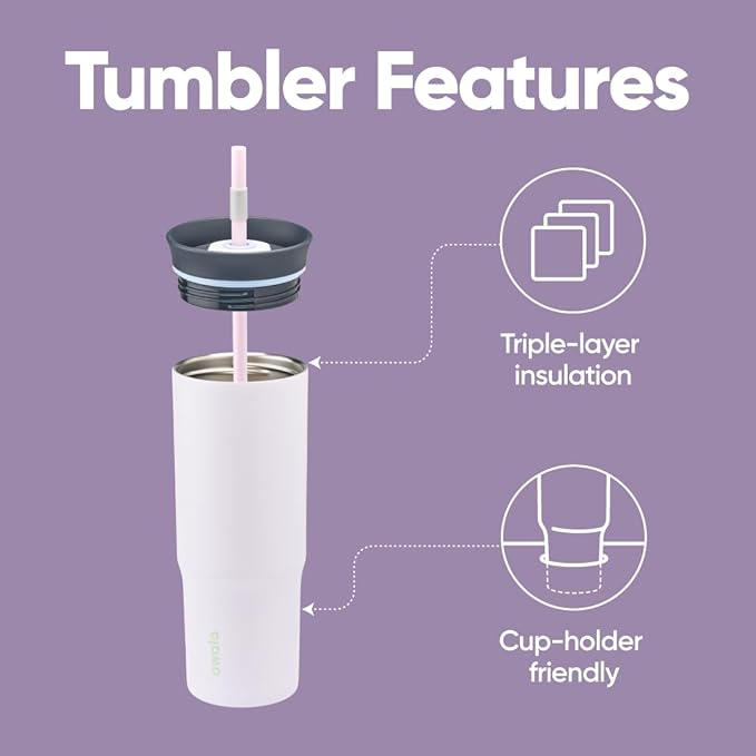 Owala Stainless Steel Triple Layer Insulated Travel Tumbler with Spill Resistant Lid and Straw, BPA Free, 24 oz, Grey/Purple (Bunny Hop) (Pack of 12)