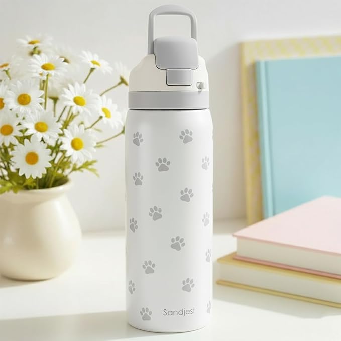 Paw Print Insulated Stainless Steel Water Bottle with Straw for Sports and Travel, 32oz, Gifts for Dog Cat Mom Women Girls Friends Teens Birthday Christmas - Bloomnest