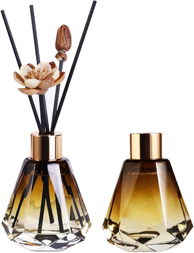 2Pcs 60ml/2oz Empty Refillable Amber Diamond Shape Glass Diffuser Bottle with Gold Lid Essential Incense Oil Diffuser Jars Fragrance Scent Diffuser for Home Office Shelf Decor Bloomnest