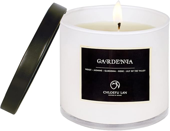 Chloefu LAN Premium Gardenia Scented Candle for Men & Women, Highly Scented, 7.1oz|45 Hour Long Lasting, All Natural Soy Candles, Home Decor, White Glass Jar Candle with Gift Box - Bloomnest
