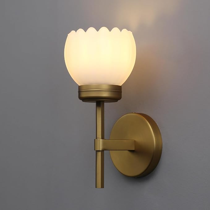Yosoan Brass Boho Indoor Vintage Wall Sconce Set of 2, Modern Vanity Gold Industrial Hardwired Wall Mounted with Milk Transparent Tulip Flower Shade for Living Room Bedroom Kitchen Hallway(Antique) - Bloomnest
