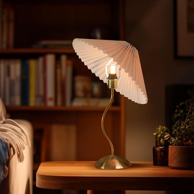 KUNJOULAM Small Pleated Table Lamp, Bedside Nightstand Lamp with Beige Lampshade, Morden Mini Lamp for Bedroom Home Office Decor, E12 Bulb Included - Bloomnest