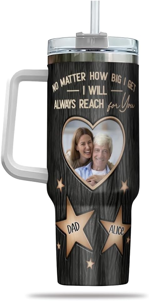 Personalized Dad Tumbler with Photo and Names, Custom Star Design Gift from Daughter, Father’s Day Mug with Handle and Straw, Always Reach for You Theme - Bloomnest