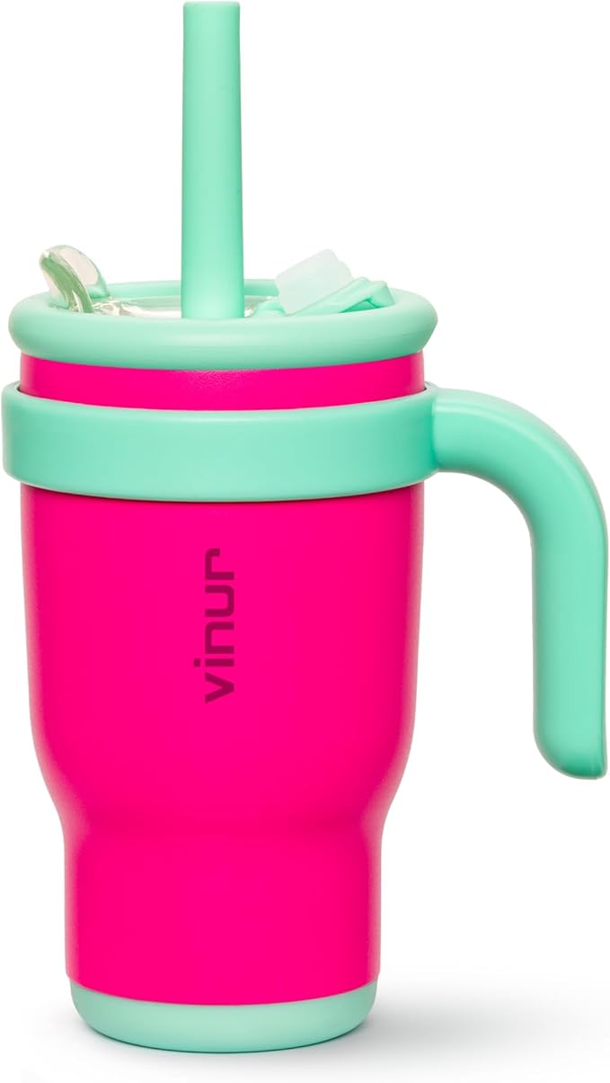 VINUR Kids Tumbler with Handle-14 oz Stainless Steel Double Wall Vacuum Tumbler with Straw, Travel Leak Proof Water Cup with Lid (Rose Pink) - Bloomnest