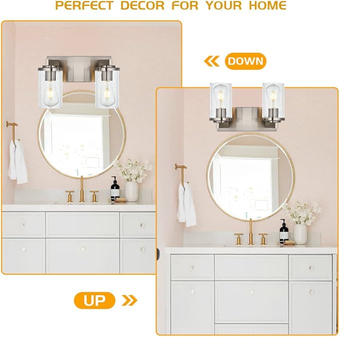 BONLICHT 2-Light Brushed Nickel Wall Sconce Lighting with Clear Glass Shade, Industrial Indoor Bathroom Lights Over Mirror, Modern Vanity Light Fixtures for Porch Entryway Stair - Bloomnest