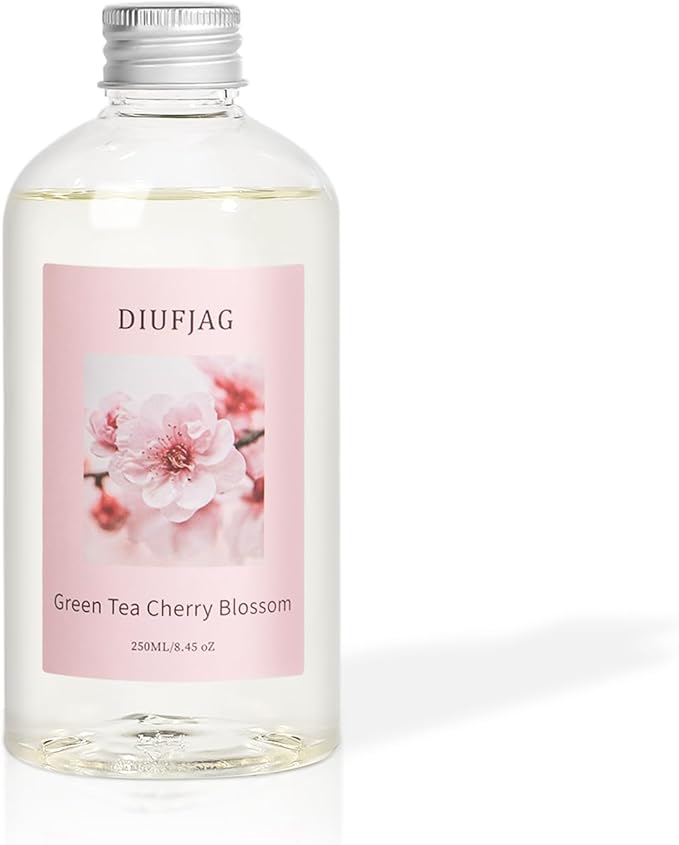 Green Tea Cherry Blossom Diffuser with 20 Black Fiber Sticks, 6.7 oz Diffusers for Home Essentials Bathroom,Last up to 60 Days（200ml - Bloomnest