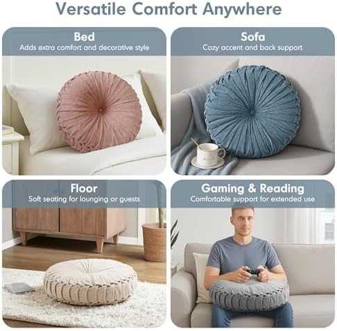 Intelligent Design Loretta Round Chenille Tufted Floor Pillow with Elegant Pleated Design, Large Boho & Vintage Decorative Throw Pillow for Sofa, Bed, or Chair, 22" x 6", Aqua