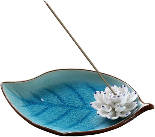 Incense Holder for Sticks, Ceramic Incense Ash Catcher Tray, Leaf-Shape Tray and Lotus Sticks Holder (Sky Blue) - Bloomnest