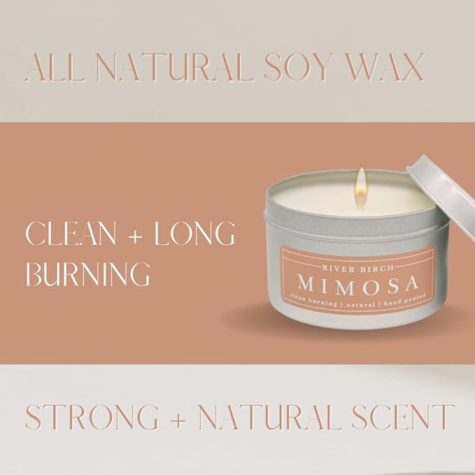 River Birch Premium, All-Natural, Non-Toxic Soy Candle | Mimosa Scented | 8 oz. Silver Tin Travel Candle | Cozy Relaxing Gifts for Home - Bloomnest