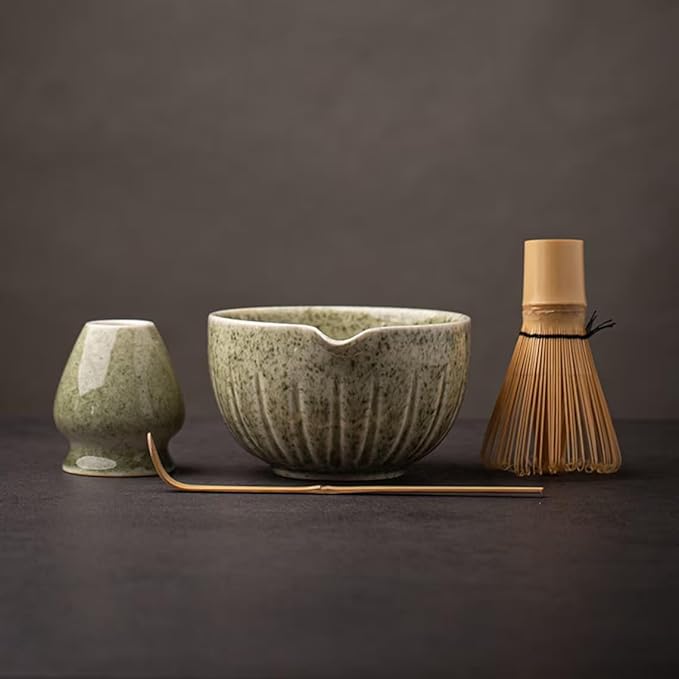 TANG PIN Matcha Set - Match Bowl with Spout and Whisk, 15 OZ, Matcha Scoop | Matcha Whisk Stand (Chasen Holder) - 4pc Perfect Matcha Kit for Matcha Tea Ceremony (Mottled Green) - Bloomnest