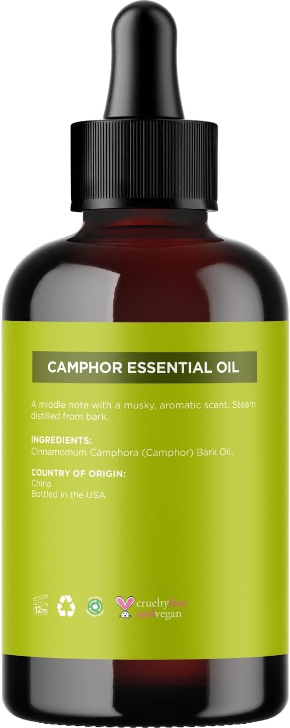Pure Undiluted Camphor Essential Oil - 100% Pure Camphor Oil for Aromatherapy and Beauty DIYs Great for Soothing Skin and Clearing Chest - Outdoor Diffuser Oil for Patios and Porches (4 Fl Oz) - Bloomnest