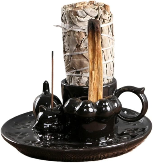 4 in 1 Casual Cat Incense Burner,Sage Holder Palo Santo Sticks Holder,Smudge Stick Ash Catcher Tray for Meditation Yoga Room (Black) - Bloomnest