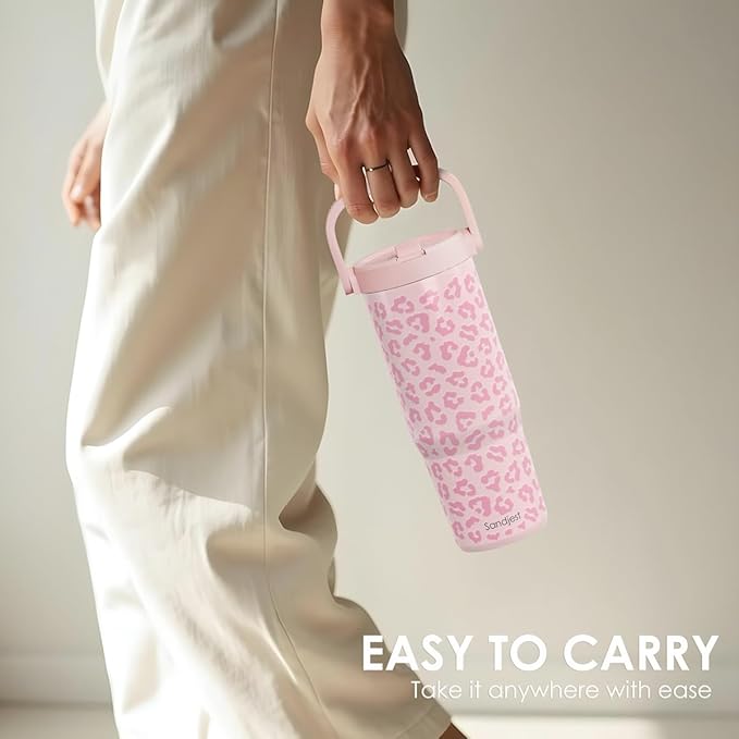 SANDJEST Leopard Skin Stainless Steel Straw Lid Tumbler 30oz with Carry Handle for Women Girls, Insulated Travel Coffee Cup, Gift for Sports Outdoor Workout Christmas Birthday (Pink) - Bloomnest