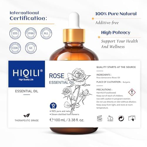 HIQILI 100ML Rose Essential Oil for Skin, Diffuser & Candle, 100% Pure and Natural - 3.38 Fl Oz - Bloomnest