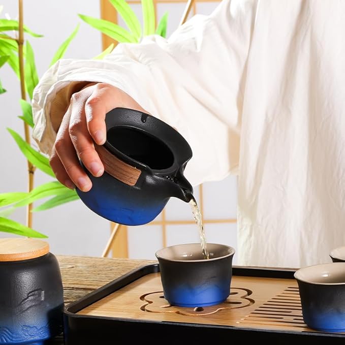 LURRIER Gongfu tea sets, Portable Ceramic TeaSet, Asian Tea sets for adult, Tea Gift sets, Grey leather case, Portable Travel Bag,Home,Gifting,Outdoor and Office(XBlack and Blue) - Bloomnest