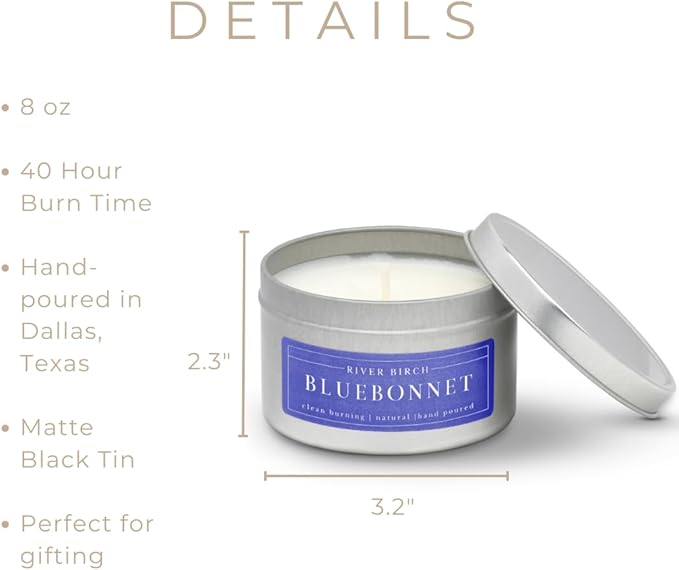 River Birch Premium, All-Natural, Non-Toxic Soy Wax Candle | Bluebonnet Scented | 8 oz. Silver Travel Tin | Cozy Relaxing Gifts for Home - Bloomnest