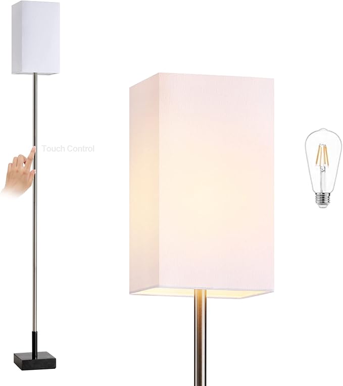 Floor Lamp, 3-Way Touch Control Dimmable Standing Lamp with Sturdy Marble Base, Brushed Nickel Touch Floor Lamp Tall Lamp with Square Linen Shade for Living Room, Bedroom, LED Bulb Included - Bloomnest