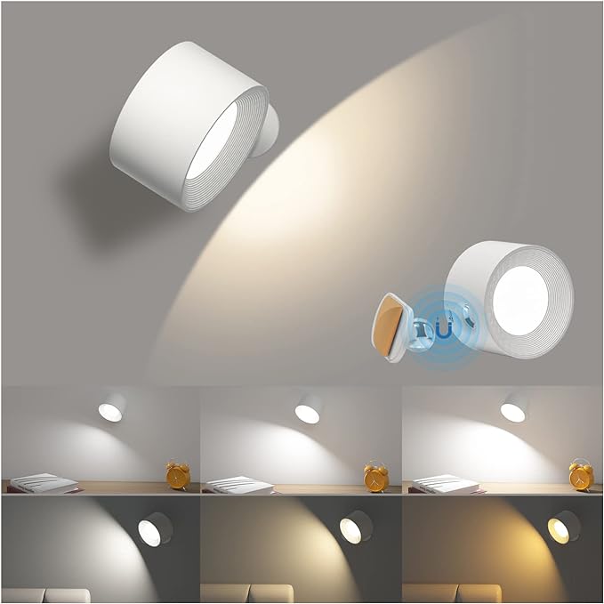 Battery Operated Wall Light, LED Lamp with 360°Adjustable Lighting Indoor Light 3 Color Modes Brightness Levels Touch Control, Mounted for Bedroom Reading Bedside-1Pack White - Bloomnest