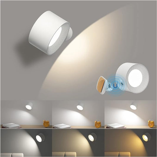 Battery Operated Wall Light, LED Lamp with 360°Adjustable Lighting Indoor Light 3 Color Modes Brightness Levels Touch Control, Mounted for Bedroom Reading Bedside-1Pack White - Bloomnest