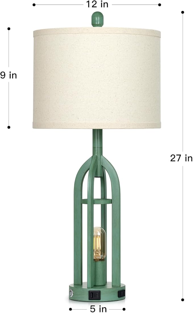 27" Tall Vintage Table Lamp Set of 2 with USB C+A & Outlet,Farmhouse Green Table Lamp for Living Room,Retro Bedside Lamps with Night Light for Bedroom Entryway,Green - Bloomnest