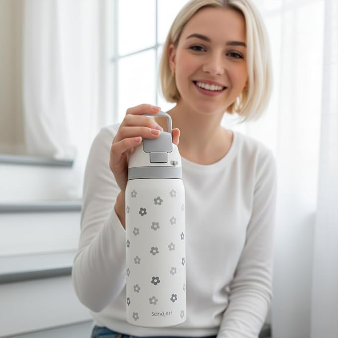 Floral Insulated Stainless Steel Water Bottle with Straw for Sports and Travel, 32oz, Gifts for Women Girls Friends Teens Birthday Christmas (Grey) - Bloomnest