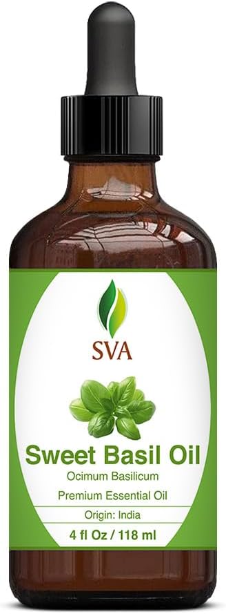 SVA Sweet Basil Essential Oil – 4 Fl Oz – 100% Natural Basil Oil - for Diffuser, Hair Care, Face, Skin Care, Aromatherapy, Scalp and Body Massage, Soap and Candle Making – with Dropper - Bloomnest