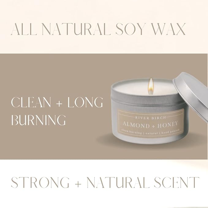River Birch Candles Almond + Honey Scented Candle | Premium, All-Natural, Non-Toxic, Soy Candles | 8 oz. Silver Tin Travel Candle | Cozy Relaxing Gifts for Home - Bloomnest