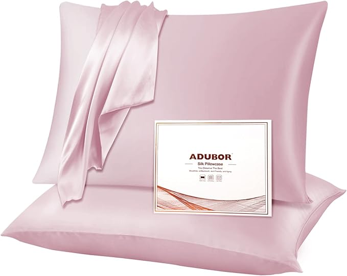 Adubor Silk Pillowcase 2 Pack for Hair and Skin with Hidden Zipper, Both Sides 23 Momme Silk Pillow Case (Pink, Standard: 20''x26'') - Bloomnest
